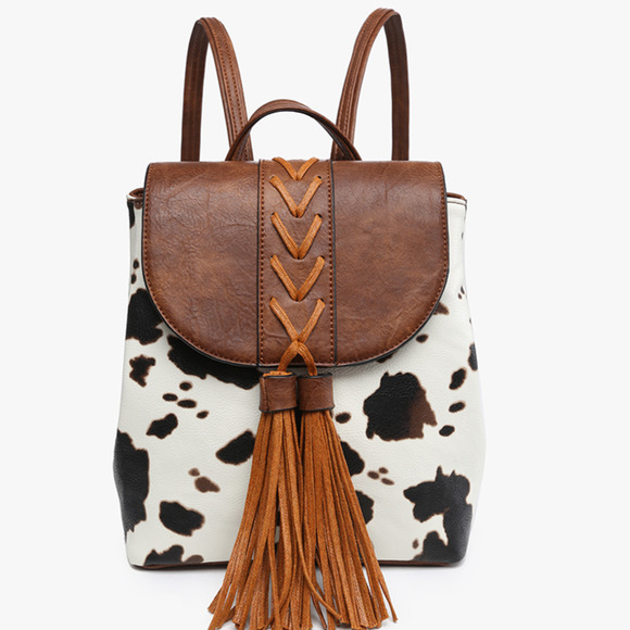Jen & Co. Handbags - Brown White Cow Print Western Woven Backpack Brown Vegan Leather Detail